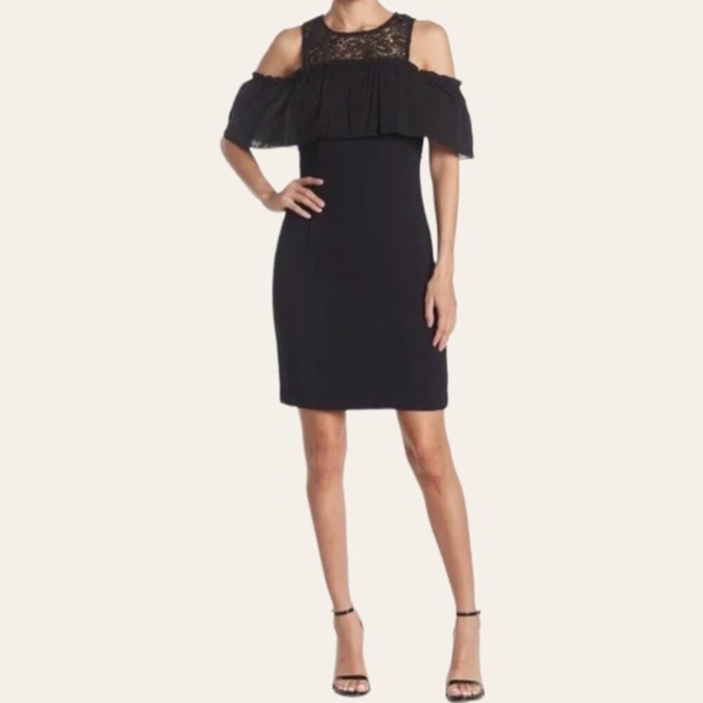 TRINA‎ TURK Lauren Black Lace Cold Shoulder Sheath Mini Dress in Black 8